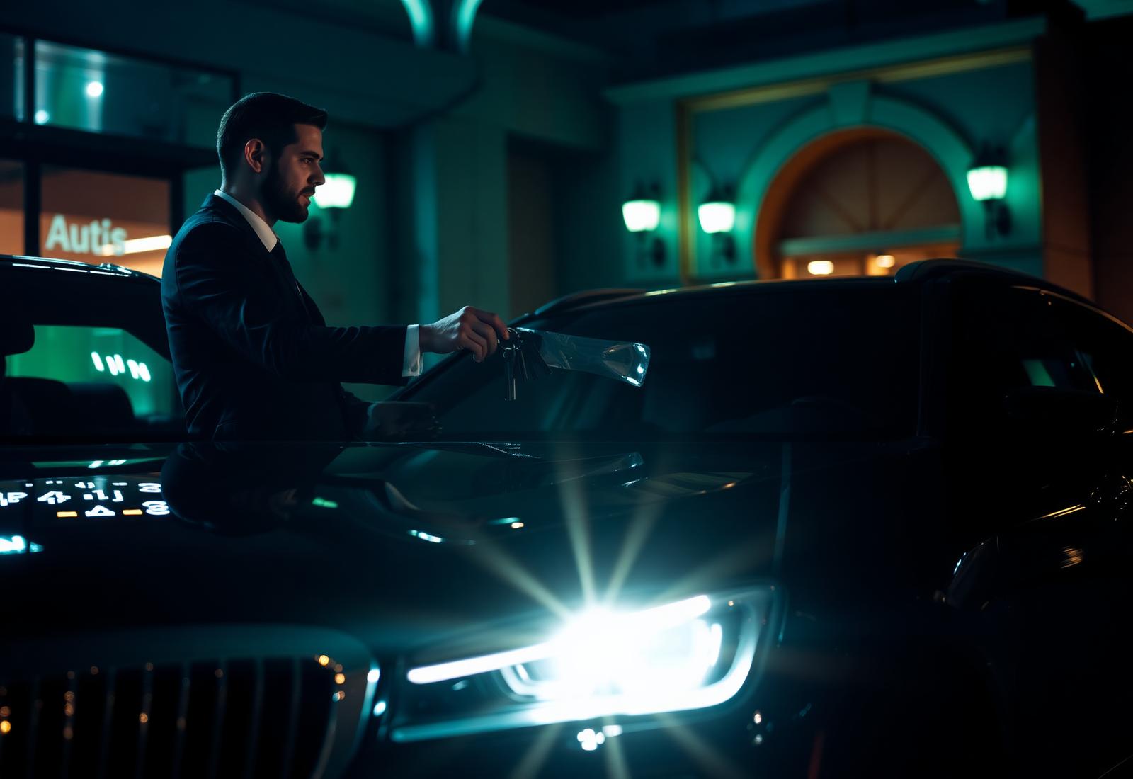Professional valet attendant handing keys to a luxury vehicle at night